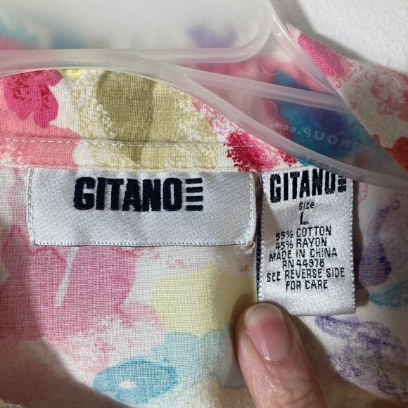 Womens Vintage Gitano Floral Button Shirt Short Sleeve L Green Pink Yellow - Picture 6 of 7